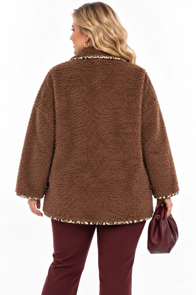 Chaqueta teddy talla grande con acabados de leopardo 2226 cfashion