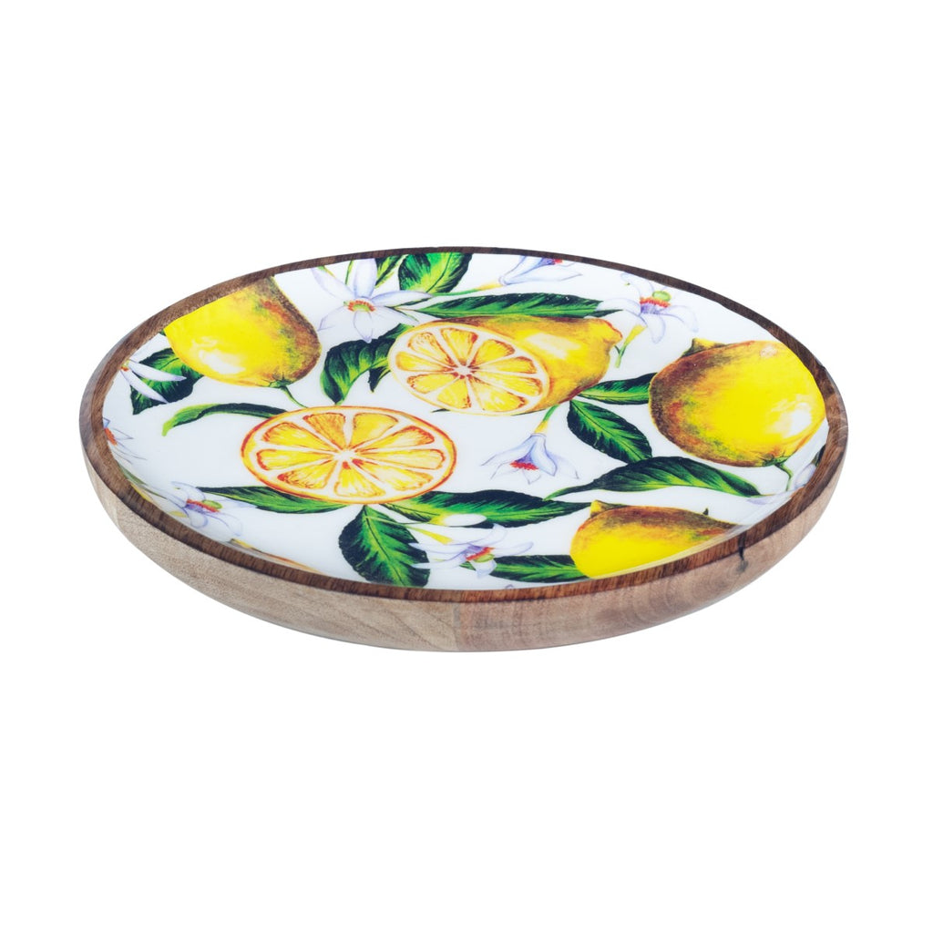 Bandeja Decorativa Redonda de Madera de Mango con Diseño de Limones