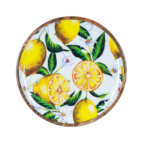 Bandeja Decorativa Redonda de Madera de Mango con Diseño de Limones LOOFTYS