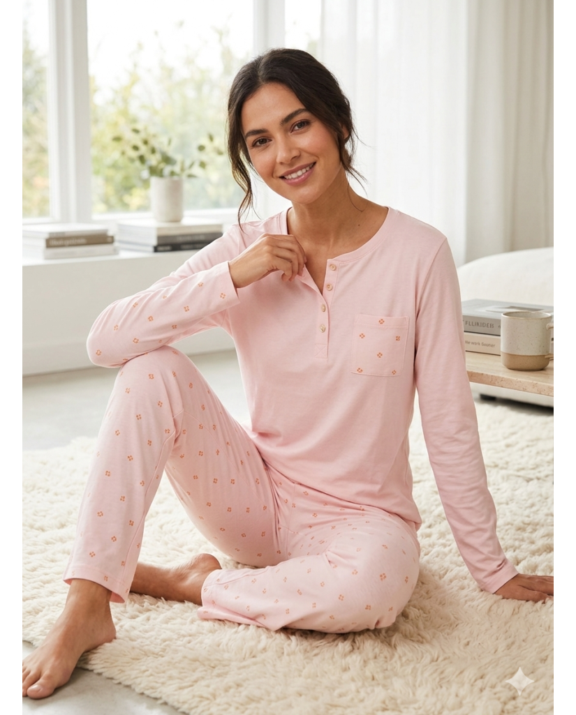 Pijama de Mujer Manga Larga Algodón Fino Flores (imagen 3)