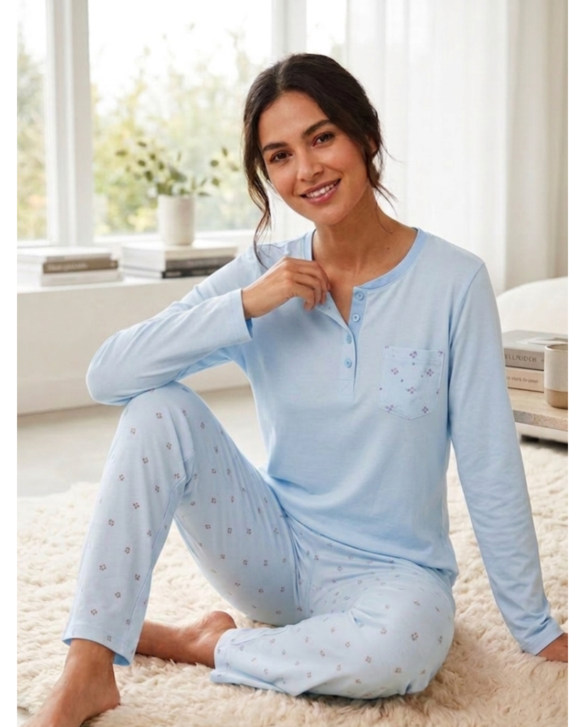 Pijama de Mujer Manga Larga Algodón Fino Flores (imagen 2)