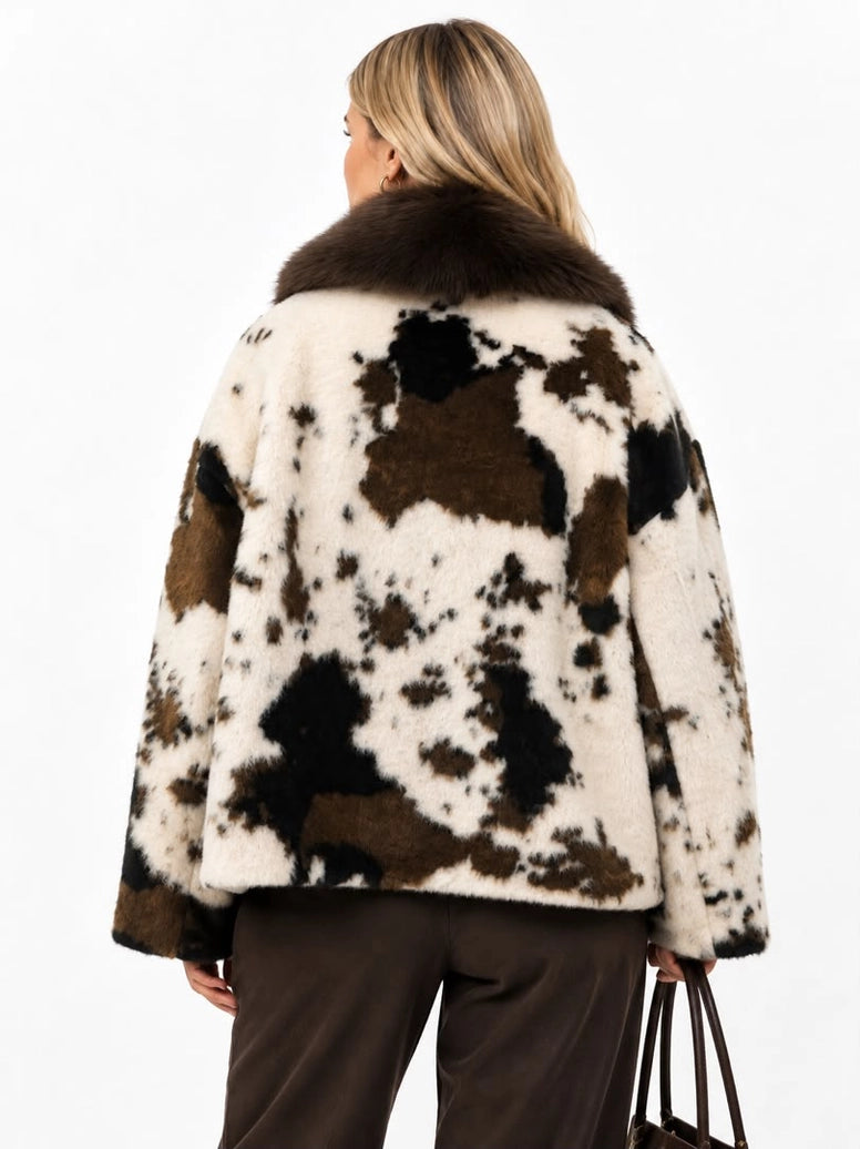 Chaqueta corta estampado de vaca con cuello efecto piel – 928-1 cfashion