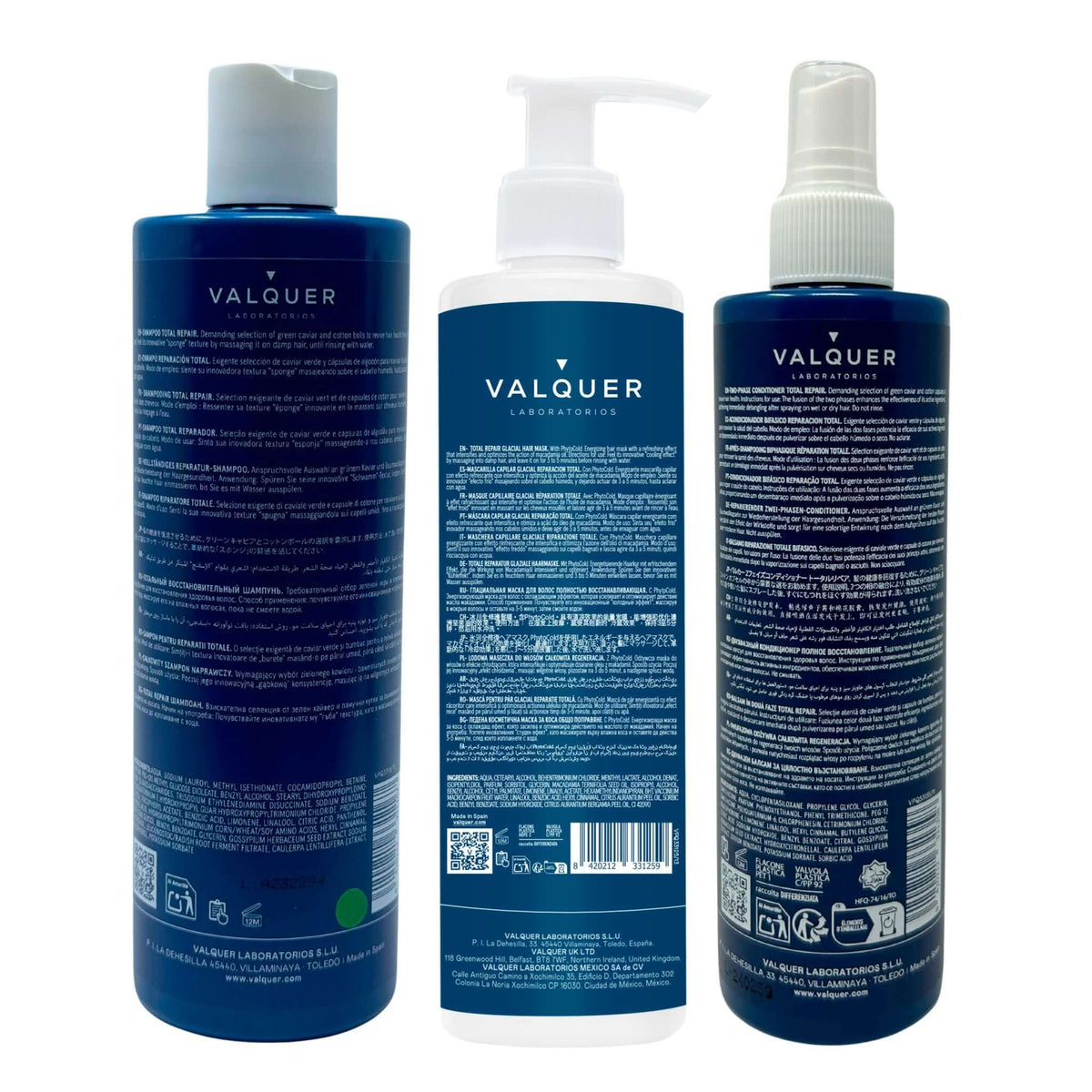 Pack Total Repair para Cabellos Dañados - Champú, Mascarilla y Acondicionador Bifásico - 975 ml Valquer®