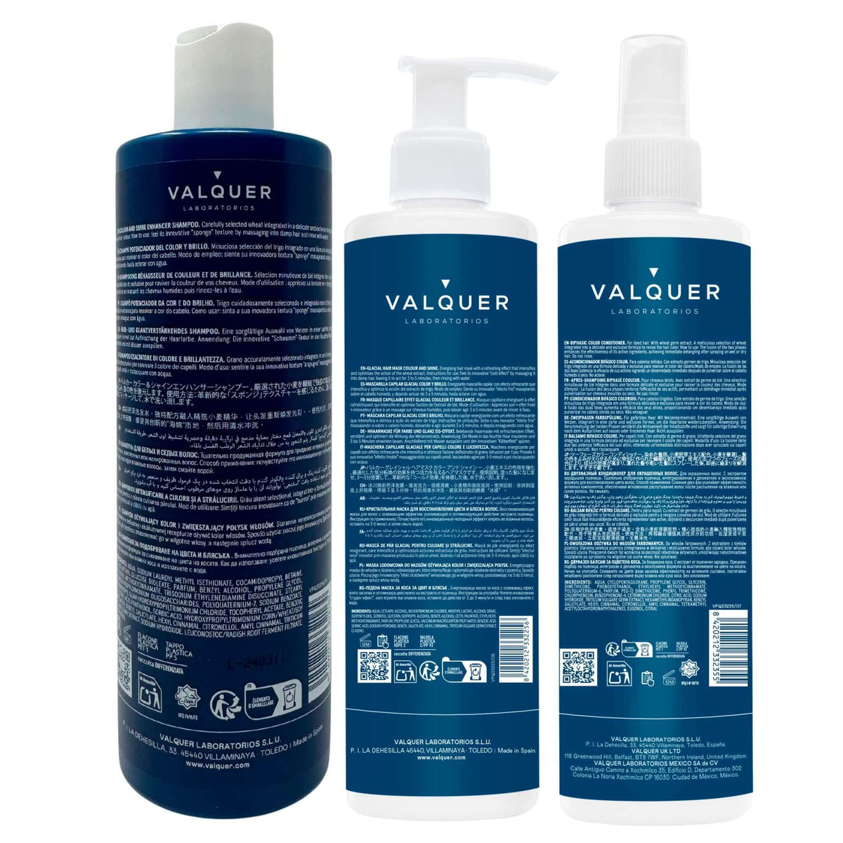 Pack Potenciador color y brillo para Cabellos Teñidos - Champú, Mascarilla y Acondicionador Bifásico - 1000 ml Valquer®