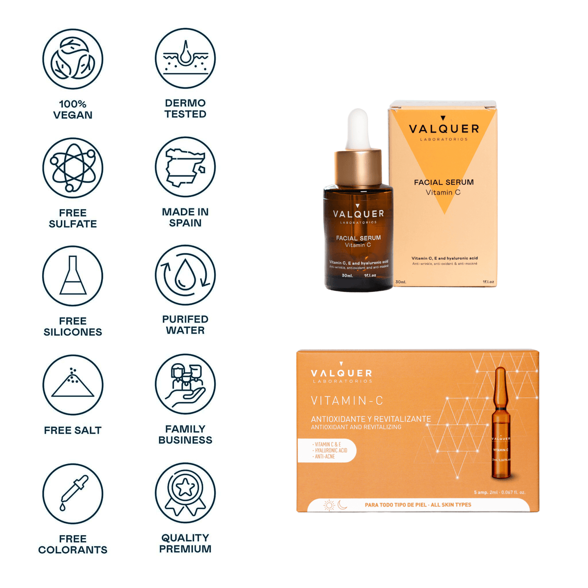 Pack Facial Vitamina C y Ácido Hialurónico - Serum 30 ml y Ampollas 5 x 2 ml Valquer®