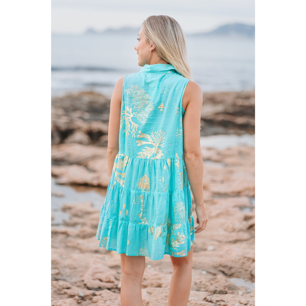 Vestido Corto Turquesa Sin Mangas con Estampado Dorado Vestido Verano Mujer LOOFTYS