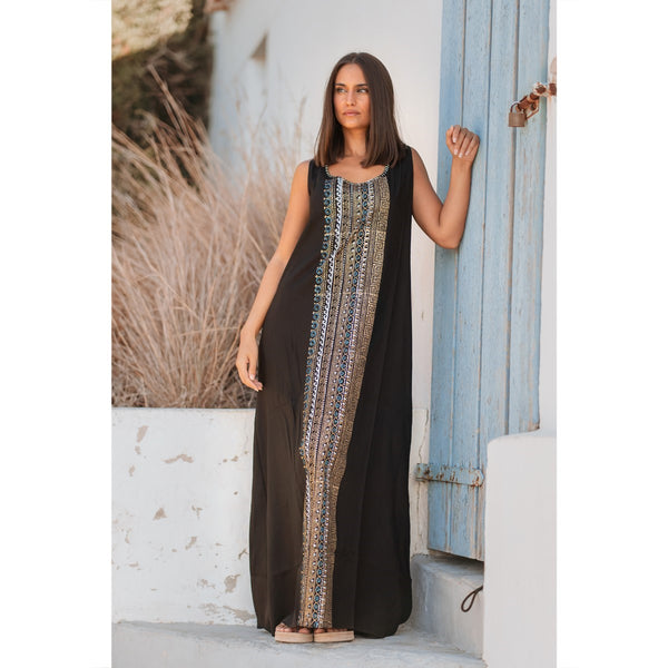Vestido Largo Negro con Bordado Étnico  Vestido Elegante de Verano para Mujer