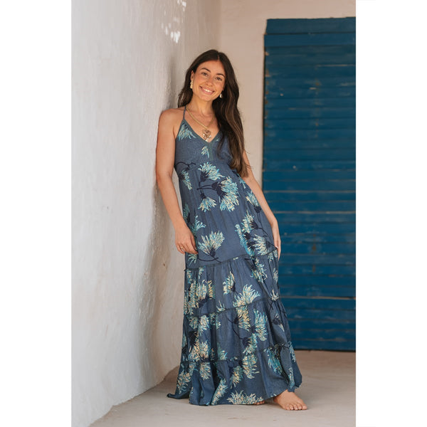 Vestido Largo Azul Floral con Tirantes  Vestido Boho Elegante para Mujer