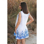 Vestido Blanco Bordado Azul para Mujer Vestido Boho de Verano LOOFTYS