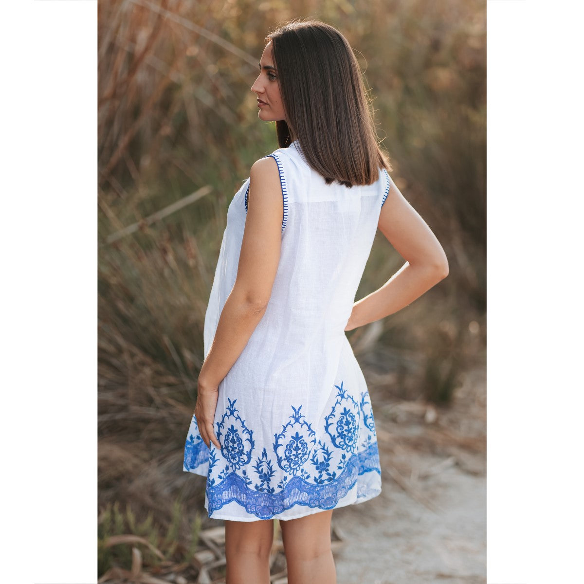 Vestido Blanco Bordado Azul para Mujer Vestido Boho de Verano LOOFTYS