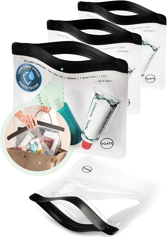 Set de 3 Bolsas Transparentes para Líquidos de Viaje de 1L