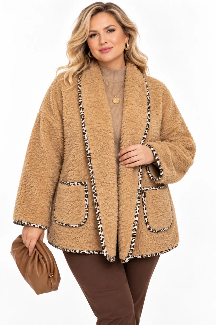 Chaqueta teddy talla grande con acabados de leopardo 2226 cfashion