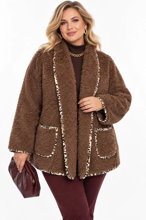 Chaqueta teddy talla grande con acabados de leopardo 2226 cfashion