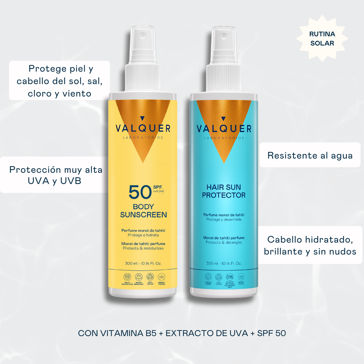 Pack Protector Solar Corporal SPF 50 y Protector Solar Capilar - 600 ml Valquer®