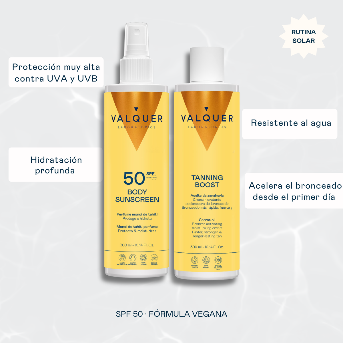 Pack Solar Corporal SPF 50 y Crema Hidratante Aceleradora del Bronceado - 600 ml Valquer®