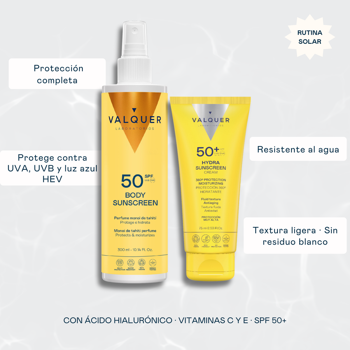 Pack Protección Solar Completa: Hydra Sunscreen Facial SPF 50+ y Corporal SPF 50 - 375 ml Valquer®