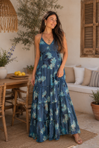 Vestido Largo Azul Floral con Tirantes  Vestido Boho Elegante para Mujer LOOFTYS