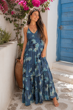 Vestido Largo Azul Floral con Tirantes  Vestido Boho Elegante para Mujer LOOFTYS
