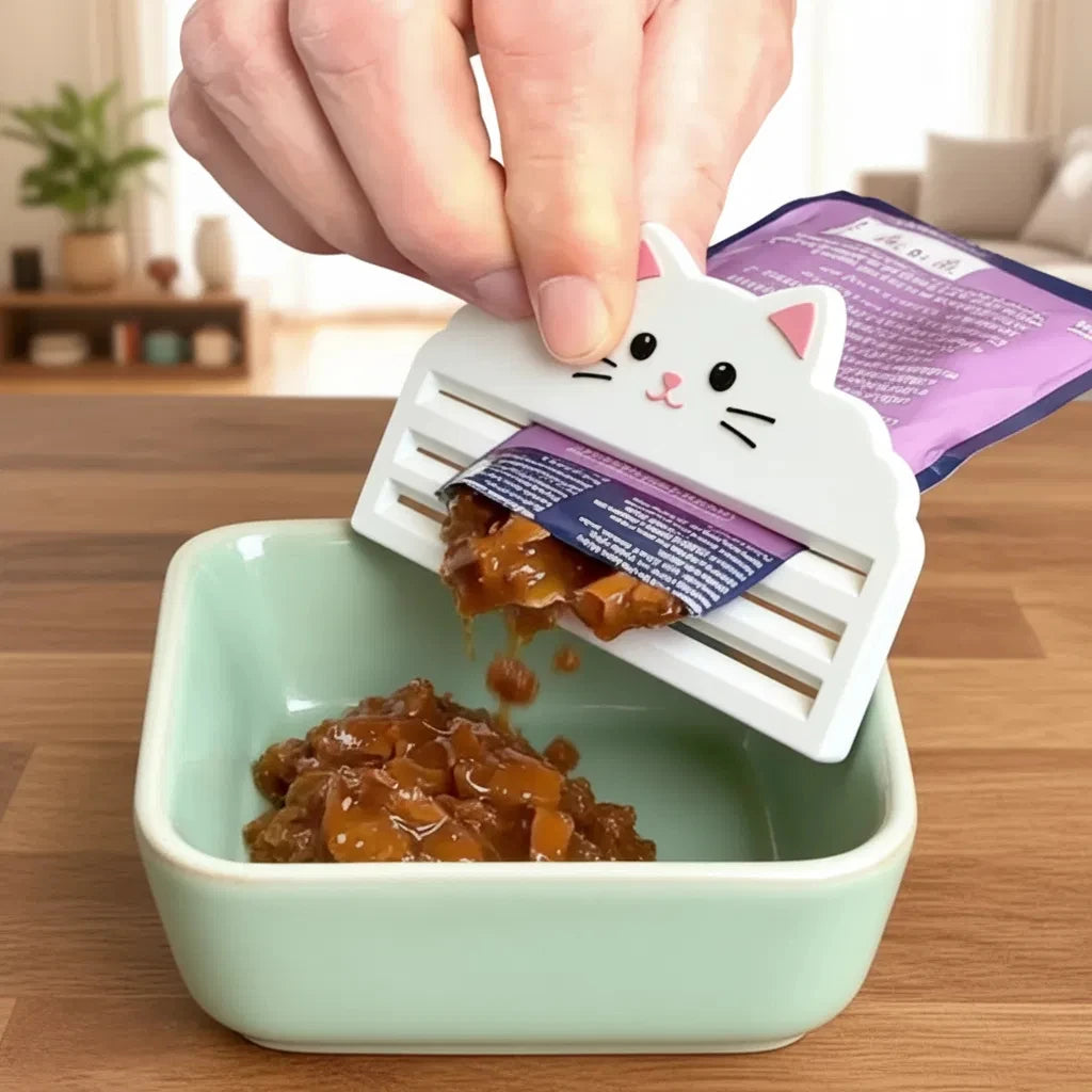 Prensa para exprimir sobres de comida húmeda de gatos