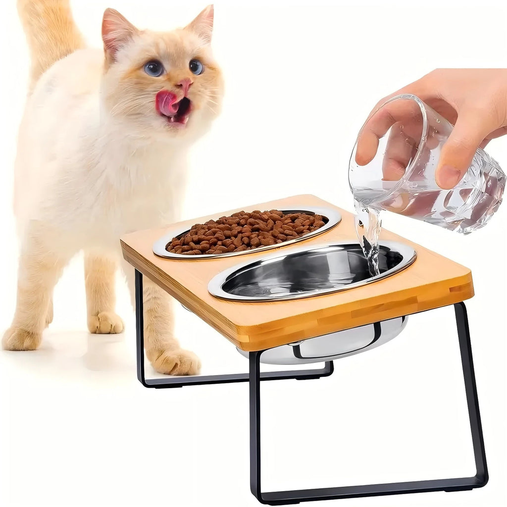 Comederos elevados inclinados para gatos con soporte de madera