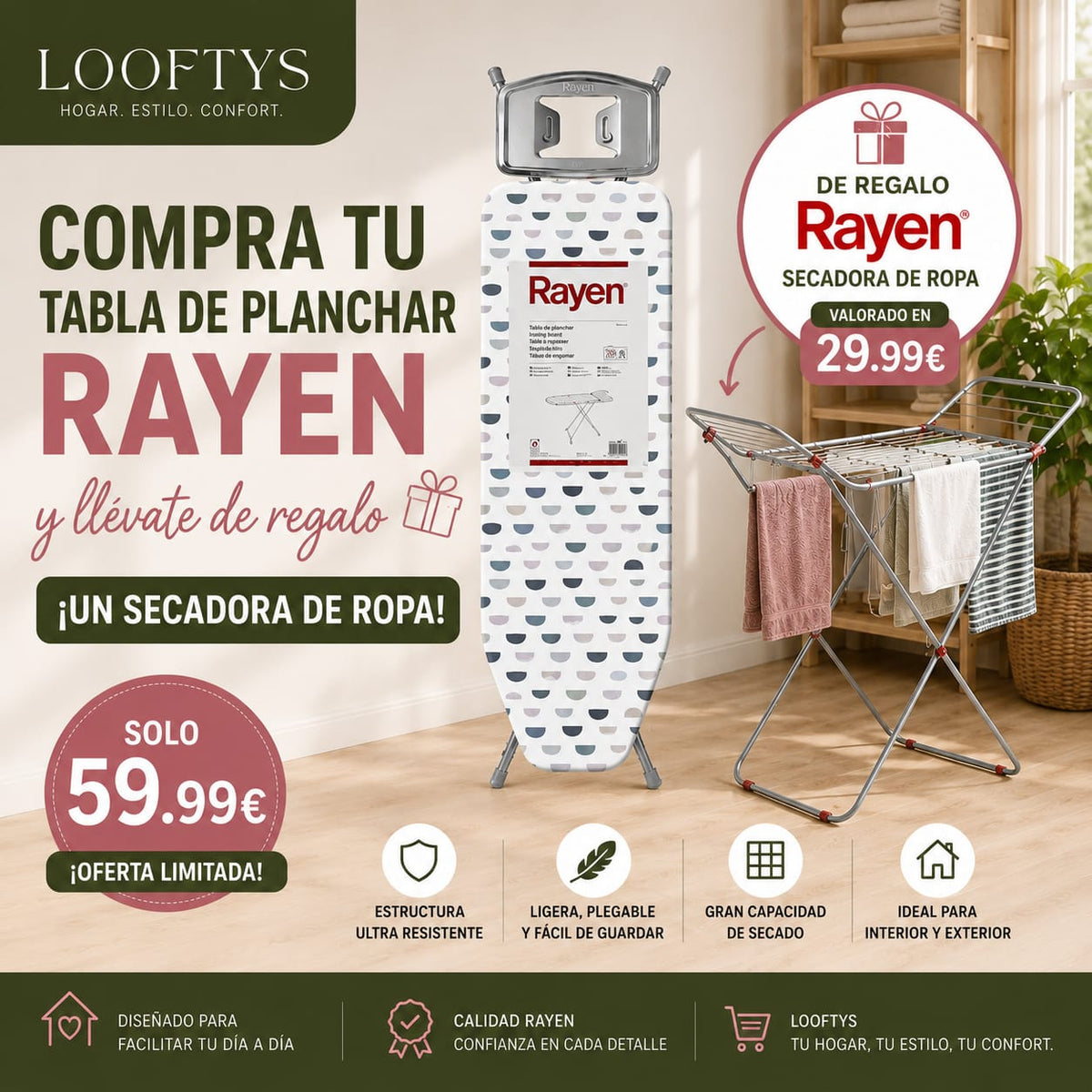 Tabla de Planchar Rayen + Secadora de Ropa de Regalo LOOFTYS