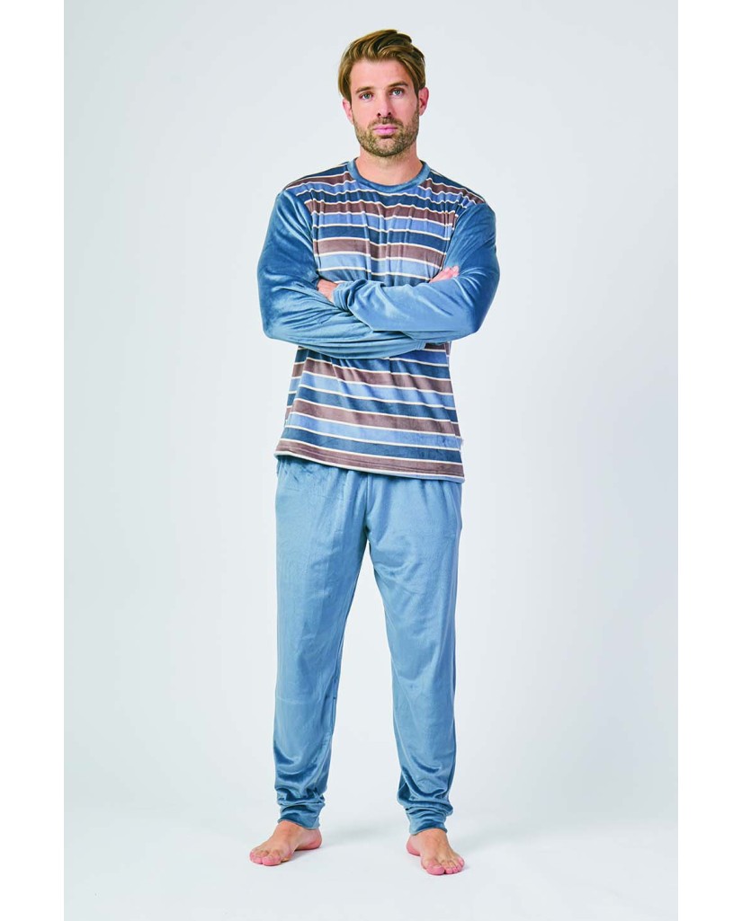 Pijama Terciopelo Hombre Rayas Azul (imagen 2)