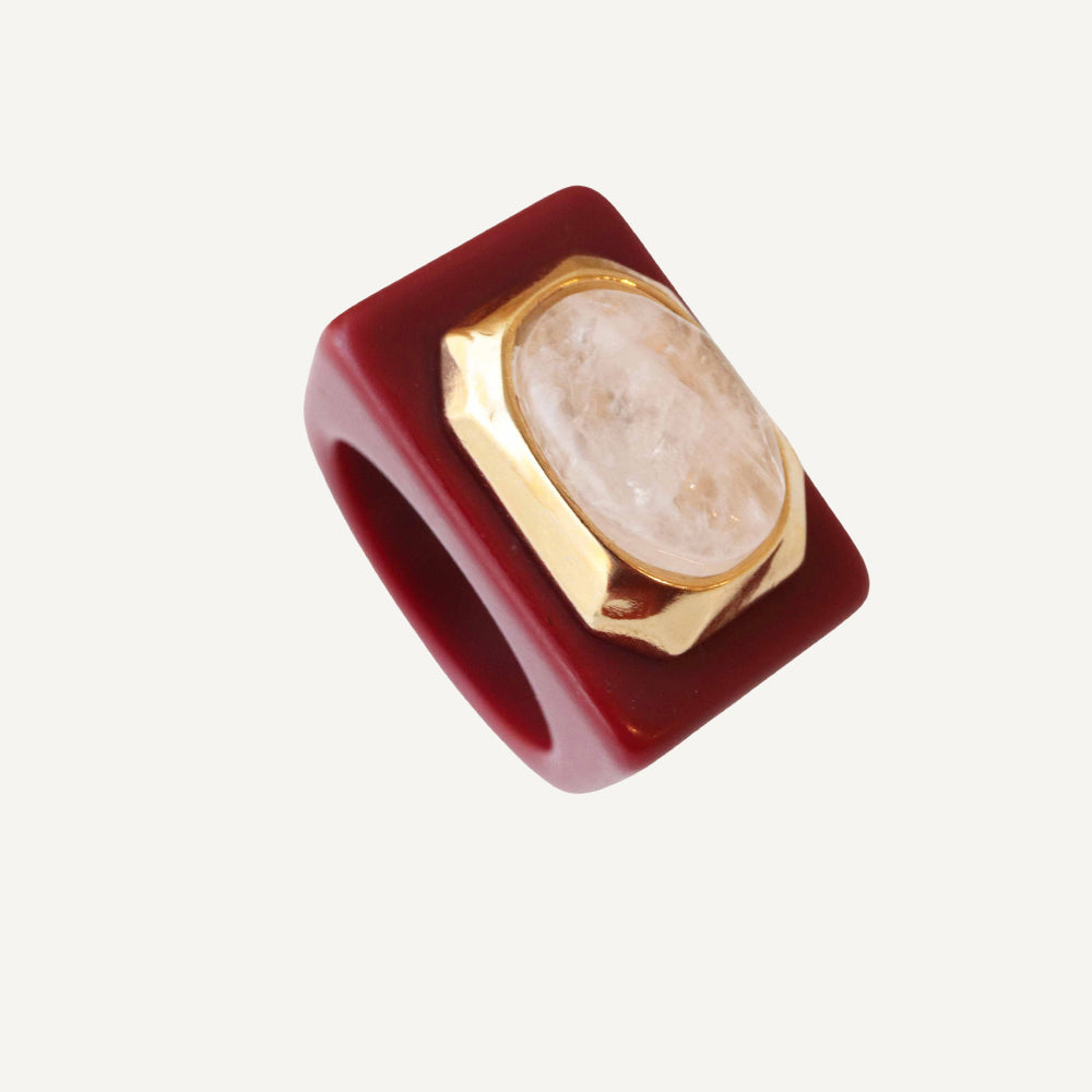 Anillo grande burdeos con cuarzo rosa ÉMOLO®