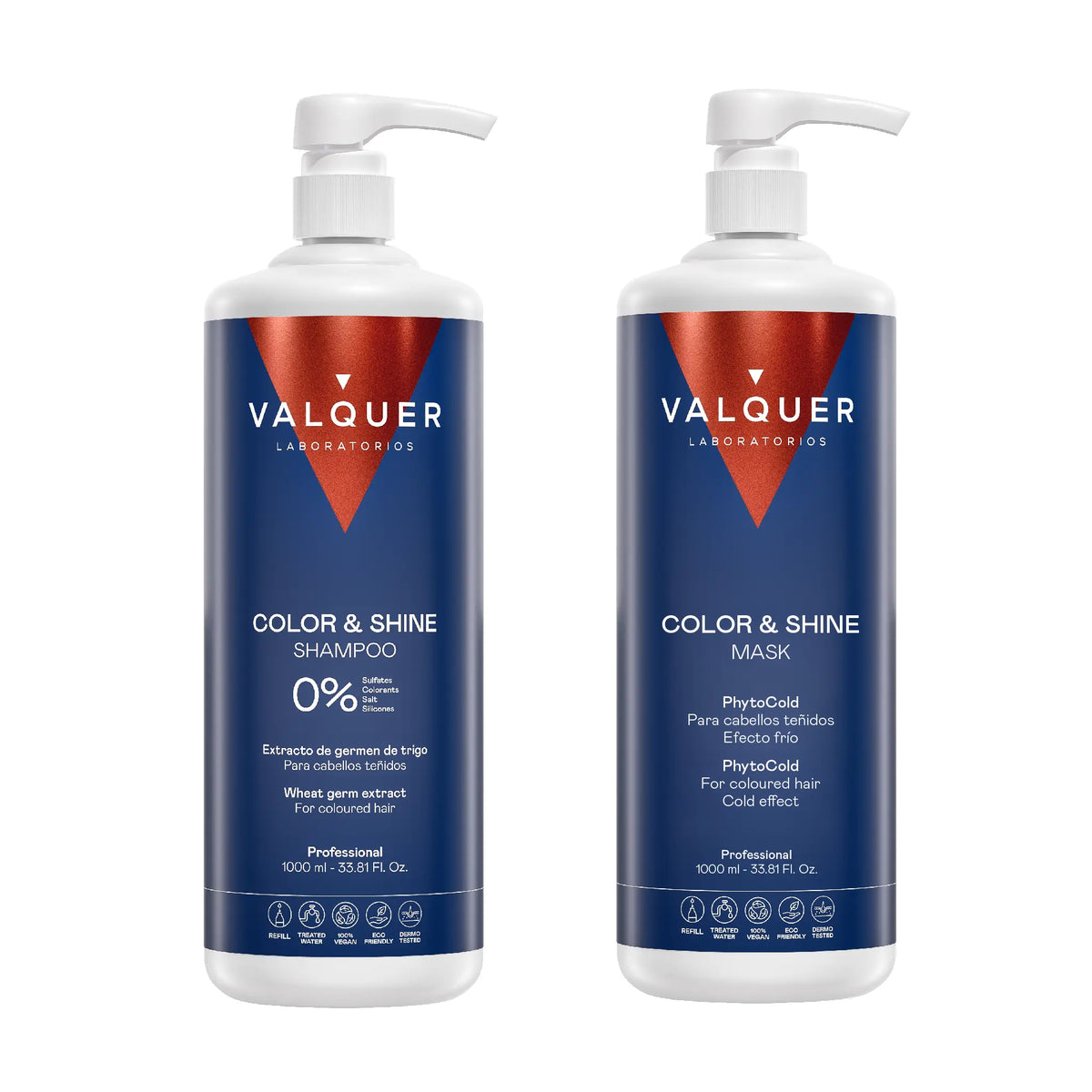 Pack Potenciador Color y Brillo para Cabellos Teñidos - Champú y Mascarilla - 1000 ml + 975 ml Valquer®