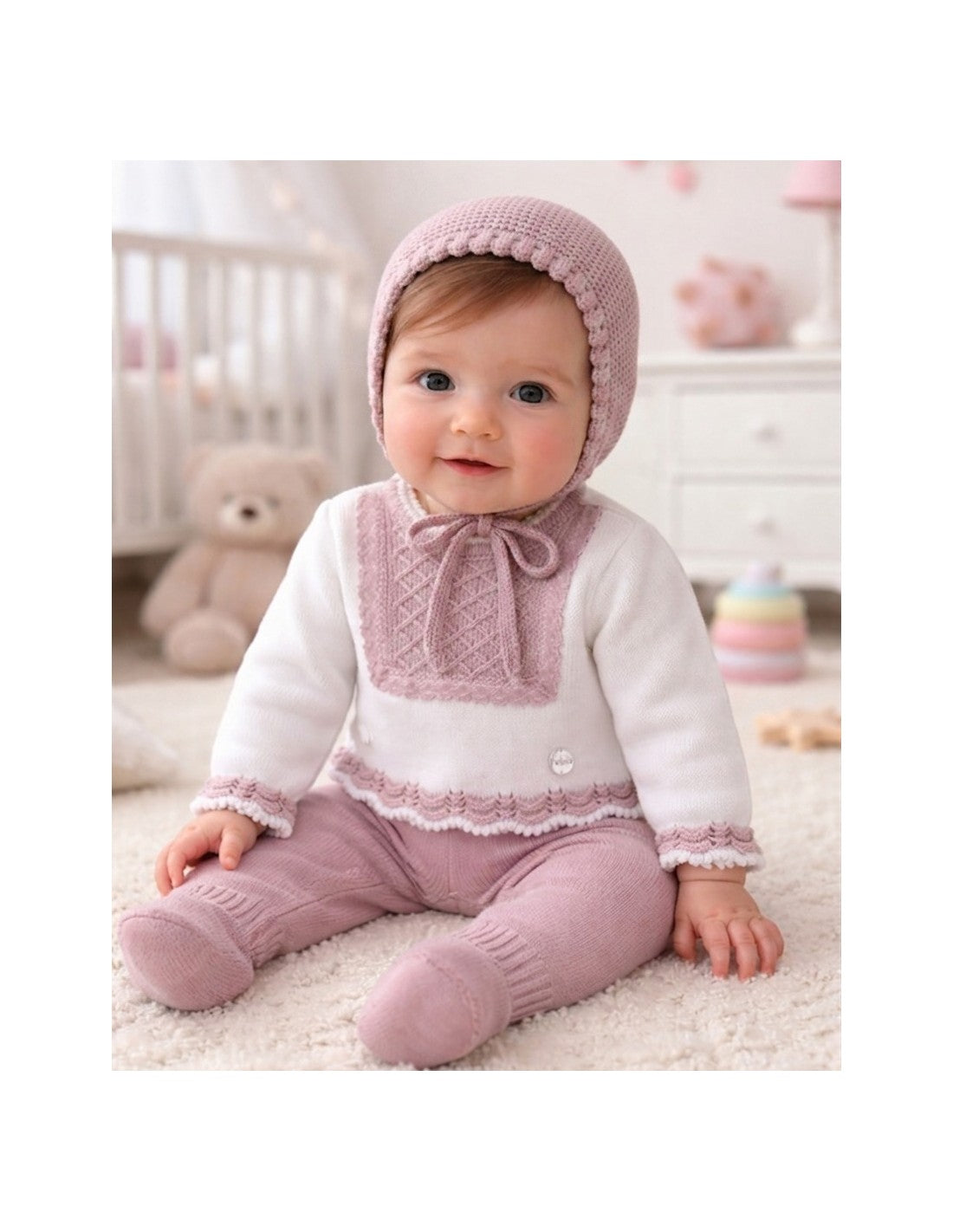 Conjunto de 3 Piezas con Polaina y Gorro para Bebé, Diseño Pechera