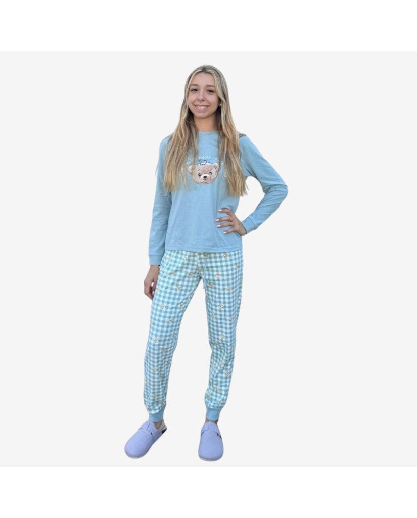 Pijama Algodón Fino Mujer a Cuadros Ositos