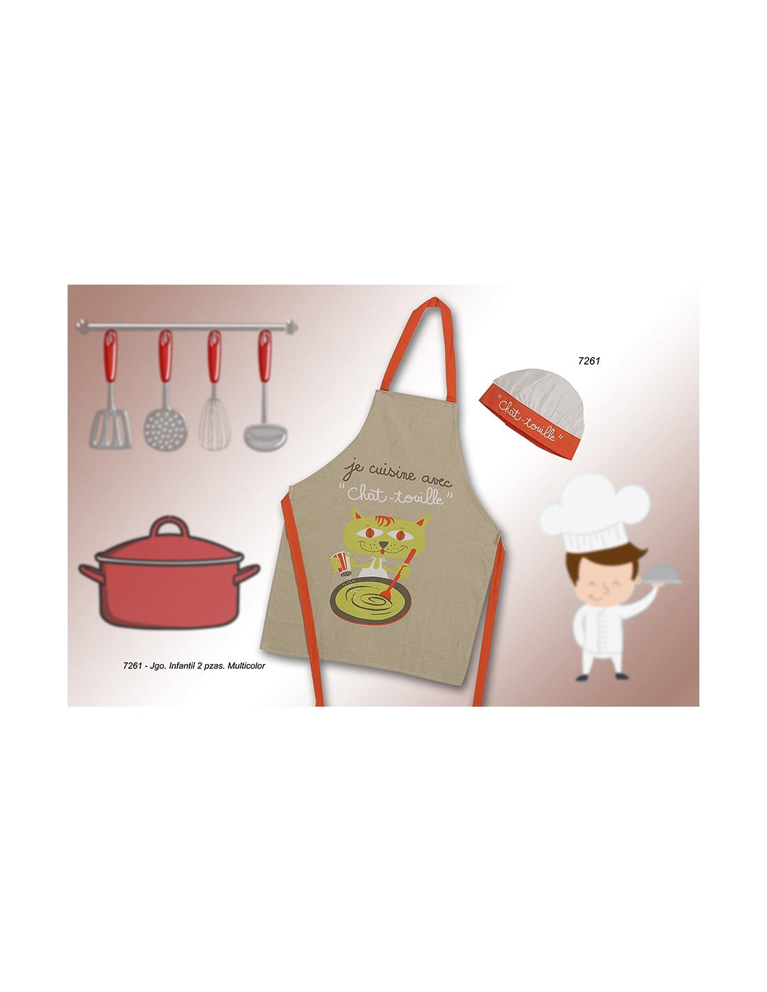 Delantal Infantil con Gorro de Cocina y Gato Cocinero