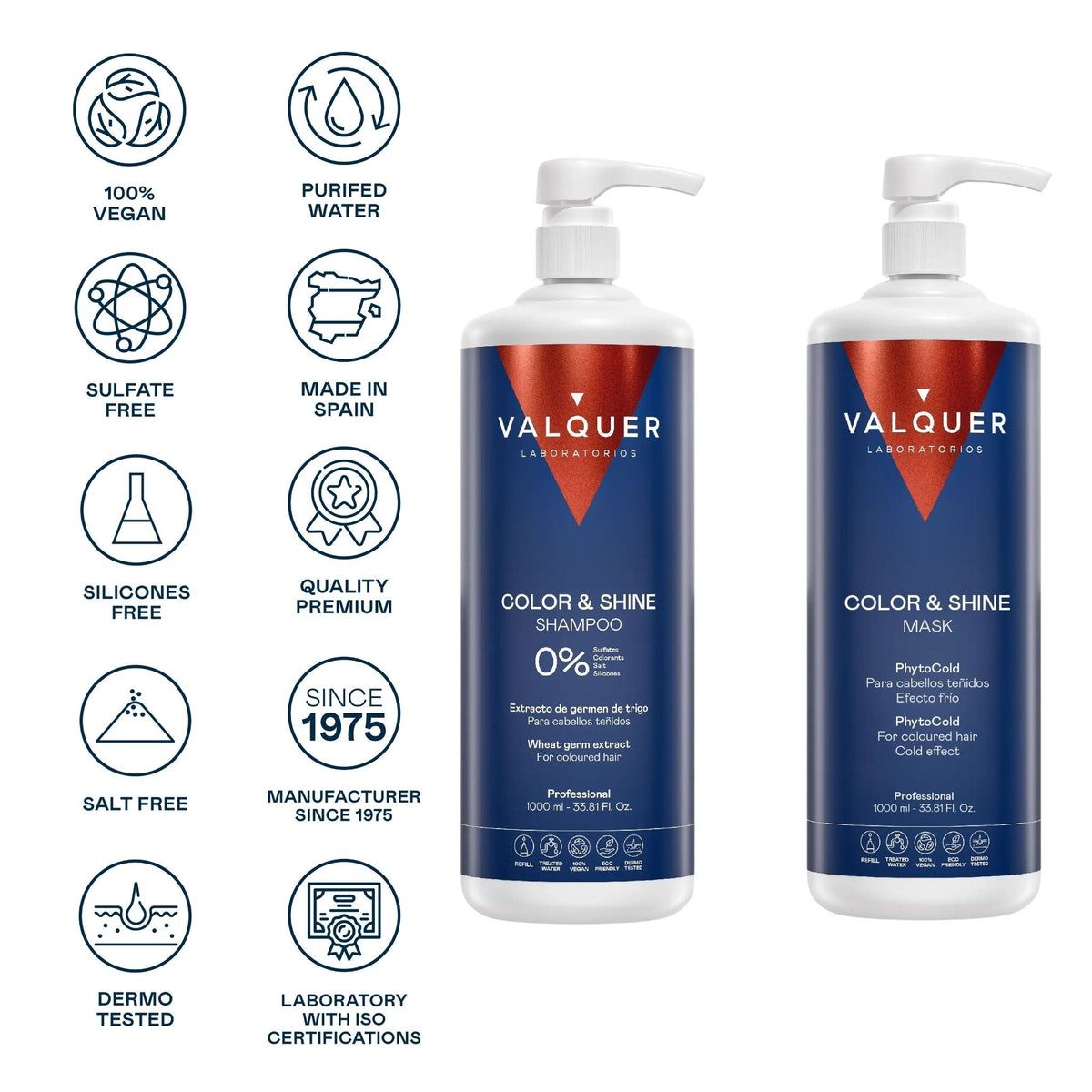 Pack Potenciador Color y Brillo para Cabellos Teñidos - Champú y Mascarilla - 1000 ml + 975 ml Valquer®