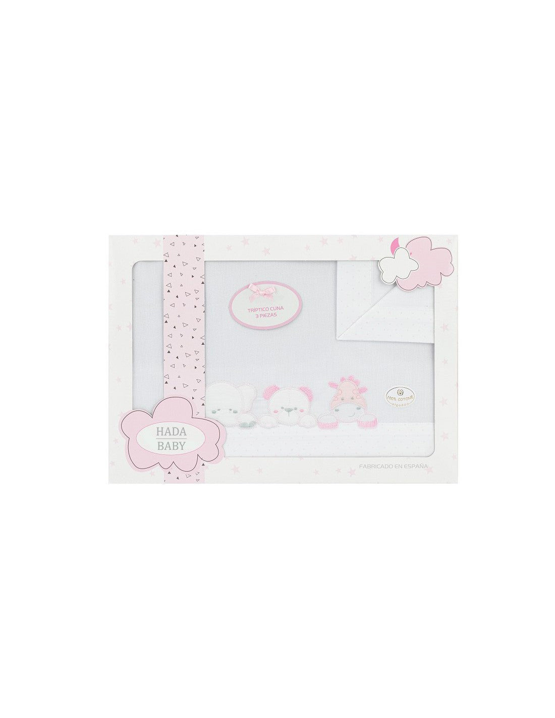 Juego de Sábanas de 3 Piezas para Cuna, Modelo Three Animals - Blanco-rosa