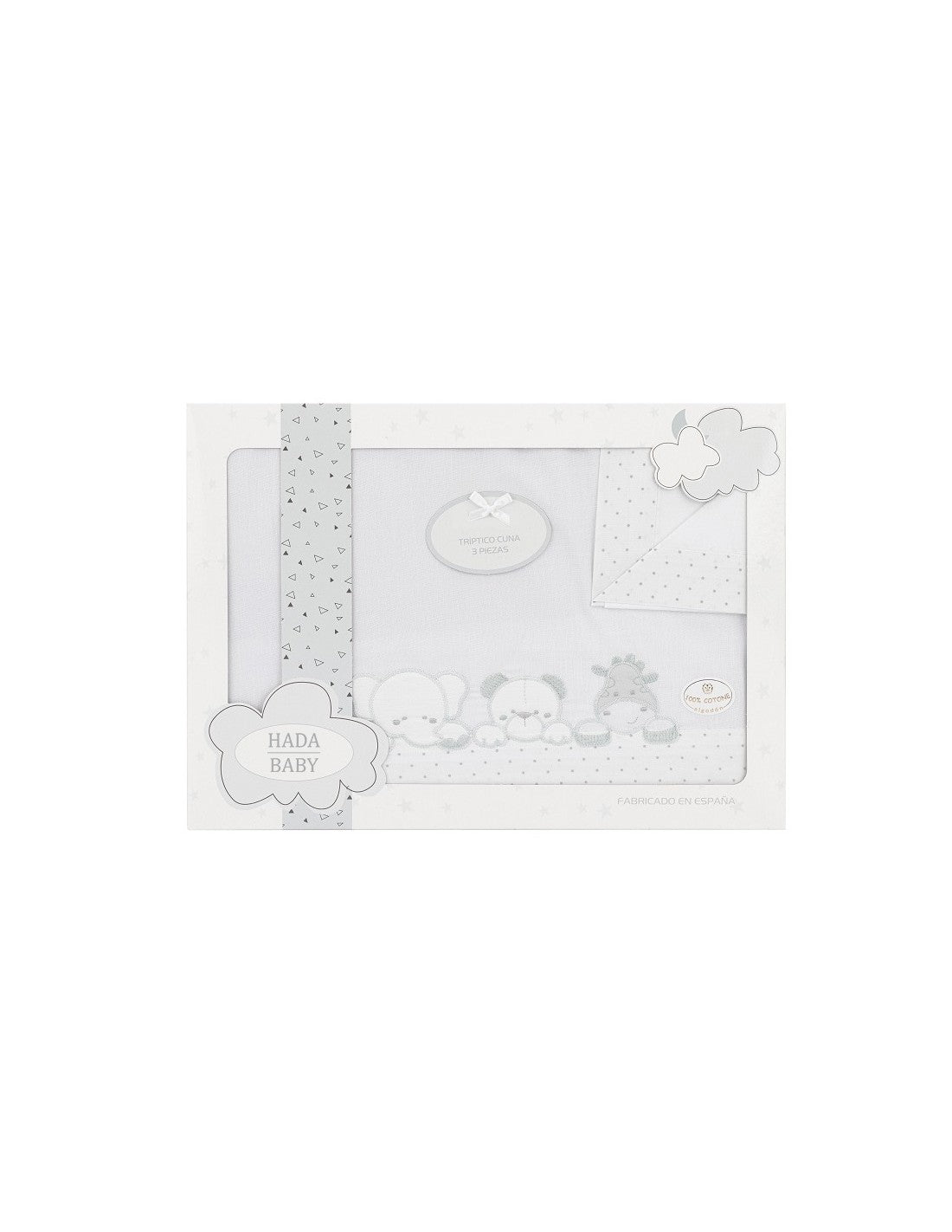 Juego de Sábanas de 3 Piezas para Minicuna, Modelo Three Animals - Blanco-gris