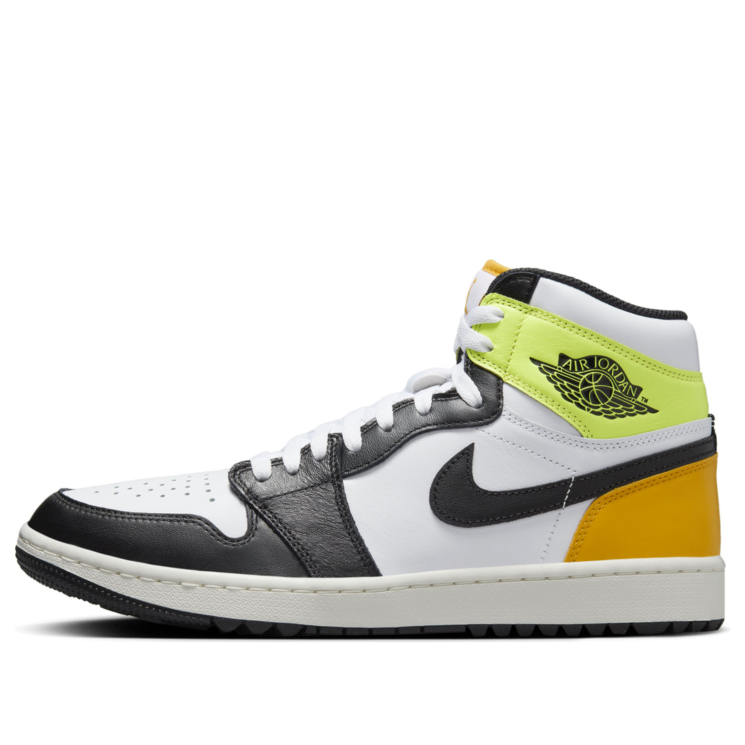 Jordan 1 Retro High Golf Blanco Dorado Universitario Volt Negro vista principal
