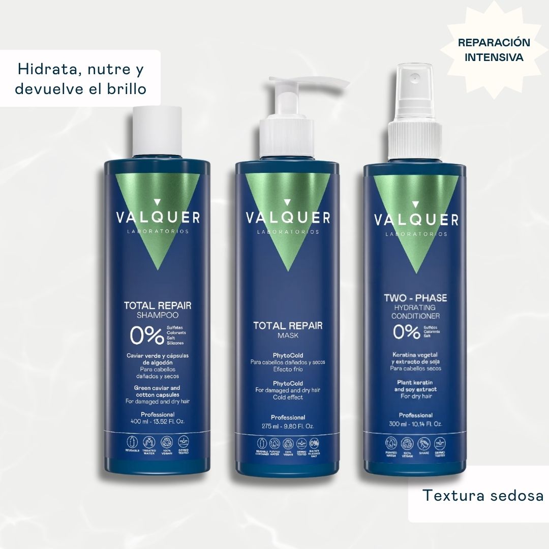 Pack Total Repair para Cabellos Dañados - Champú, Mascarilla y Acondicionador Bifásico - 975 ml Valquer®