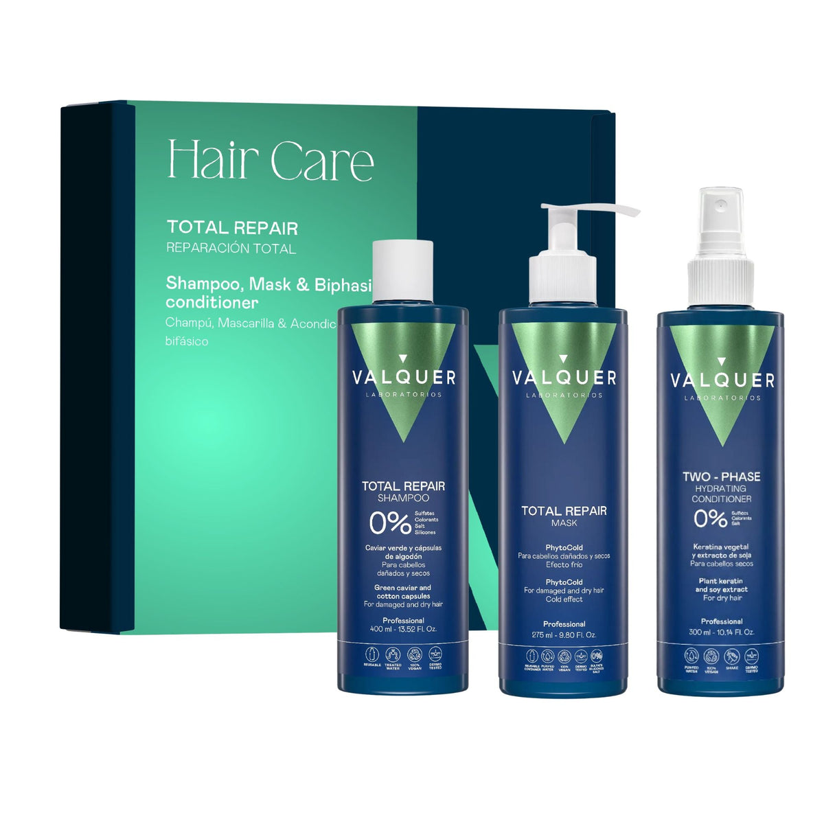 Pack Total Repair para Cabellos Dañados - Champú, Mascarilla y Acondicionador Bifásico - 975 ml Valquer®