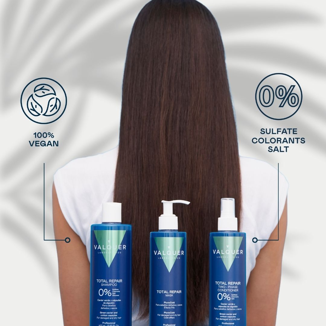 Pack Total Repair para Cabellos Dañados - Champú, Mascarilla y Acondicionador Bifásico - 975 ml Valquer®