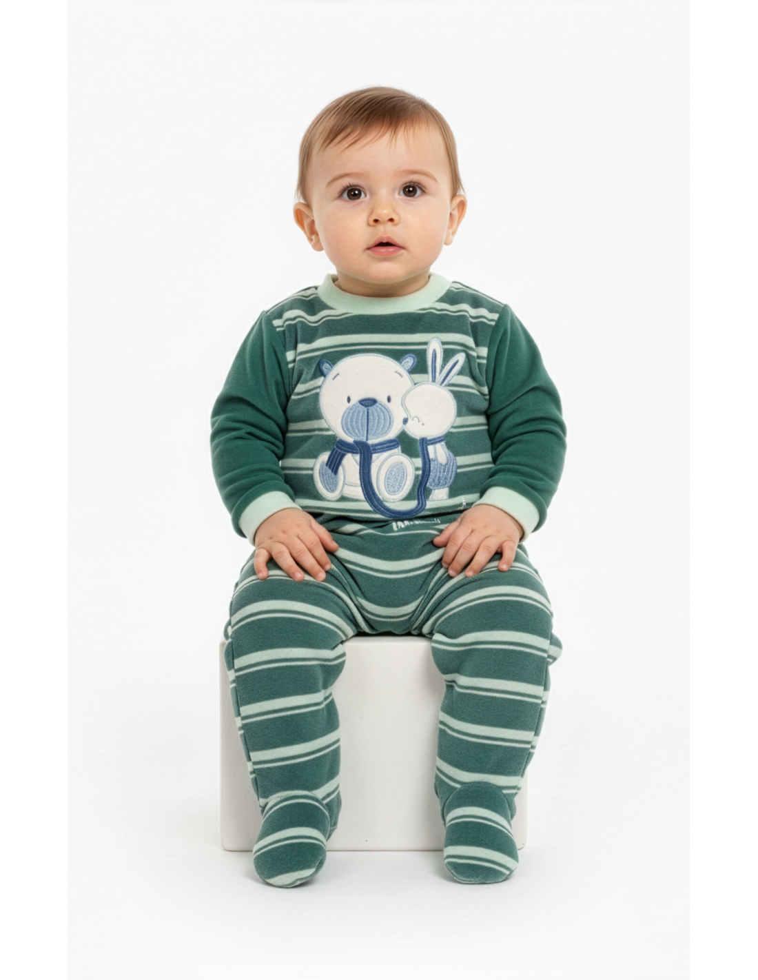 Pelele para Bebé de Terciopelo, Diseño Osito y Conejito