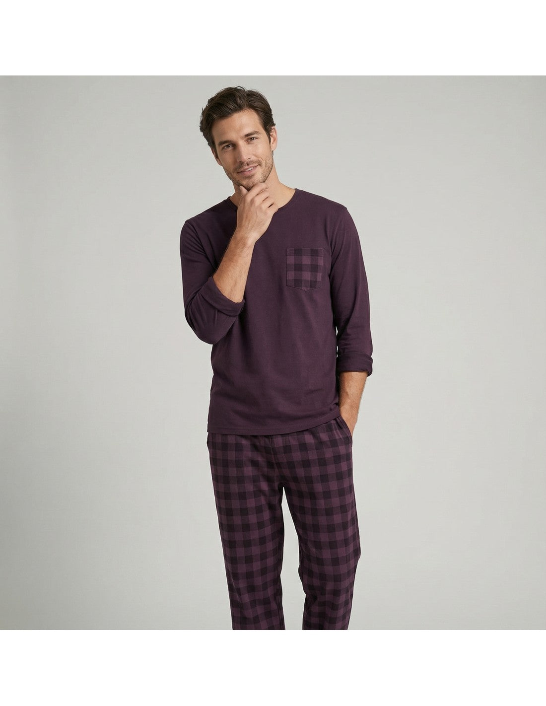 Pijama de Algodón Afelpado para Hombre, Diseño Bolsillo Cuadros