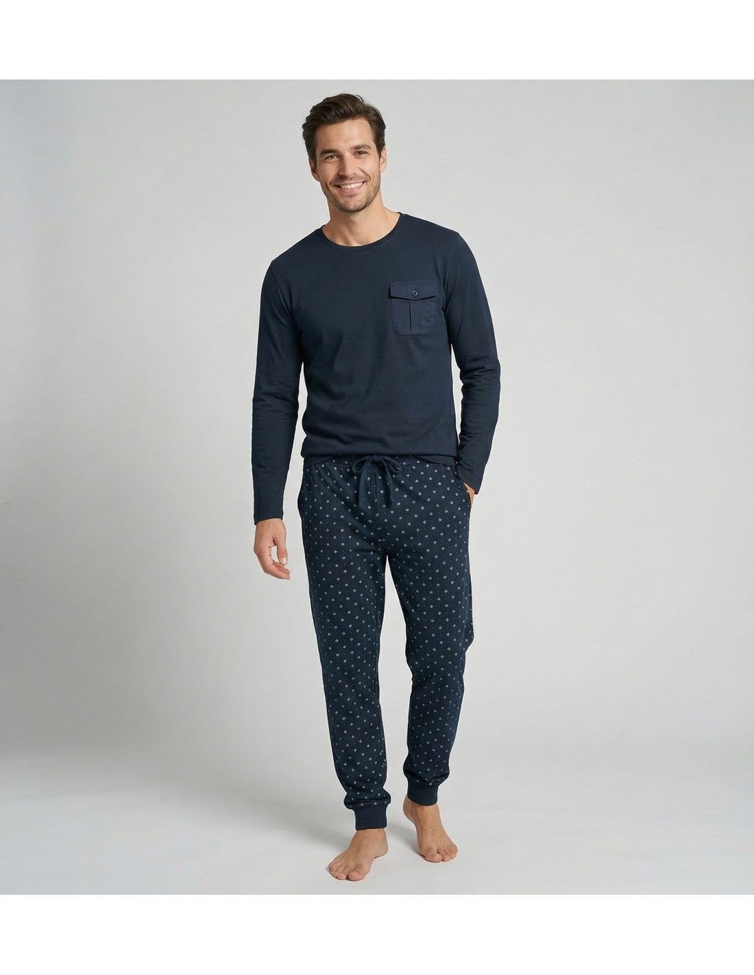 Pijama de Algodón Afelpado para Hombre, Diseño Bolsillo Rombitos