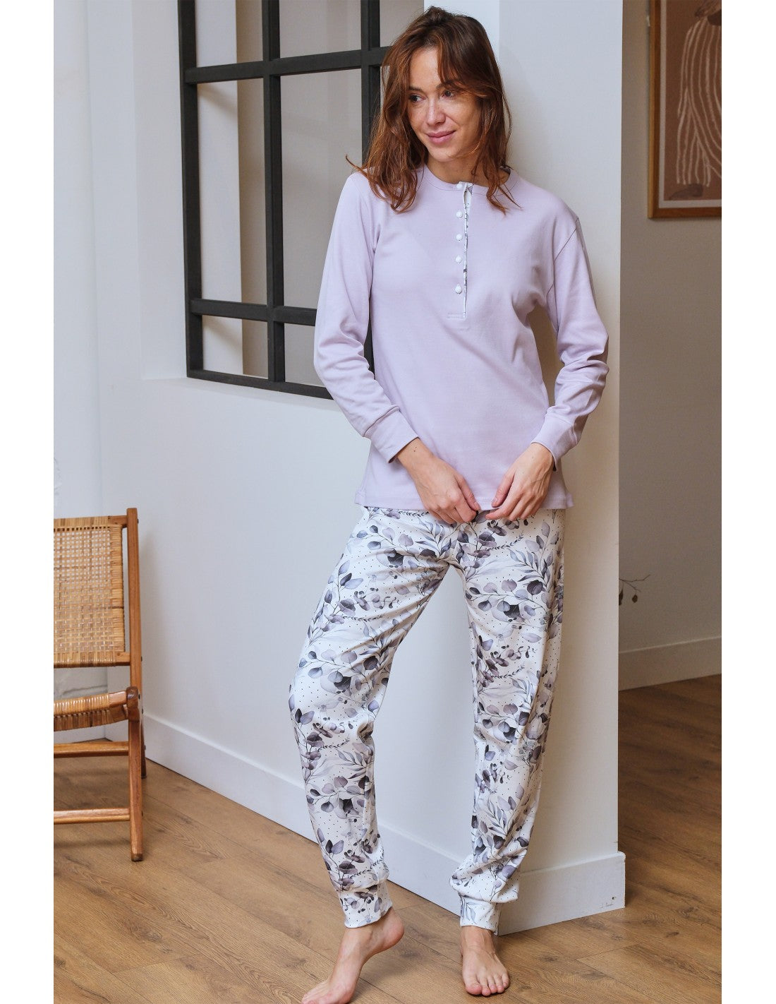 Pijama de Interlock para Mujer, Diseño Hojas Pantalón
