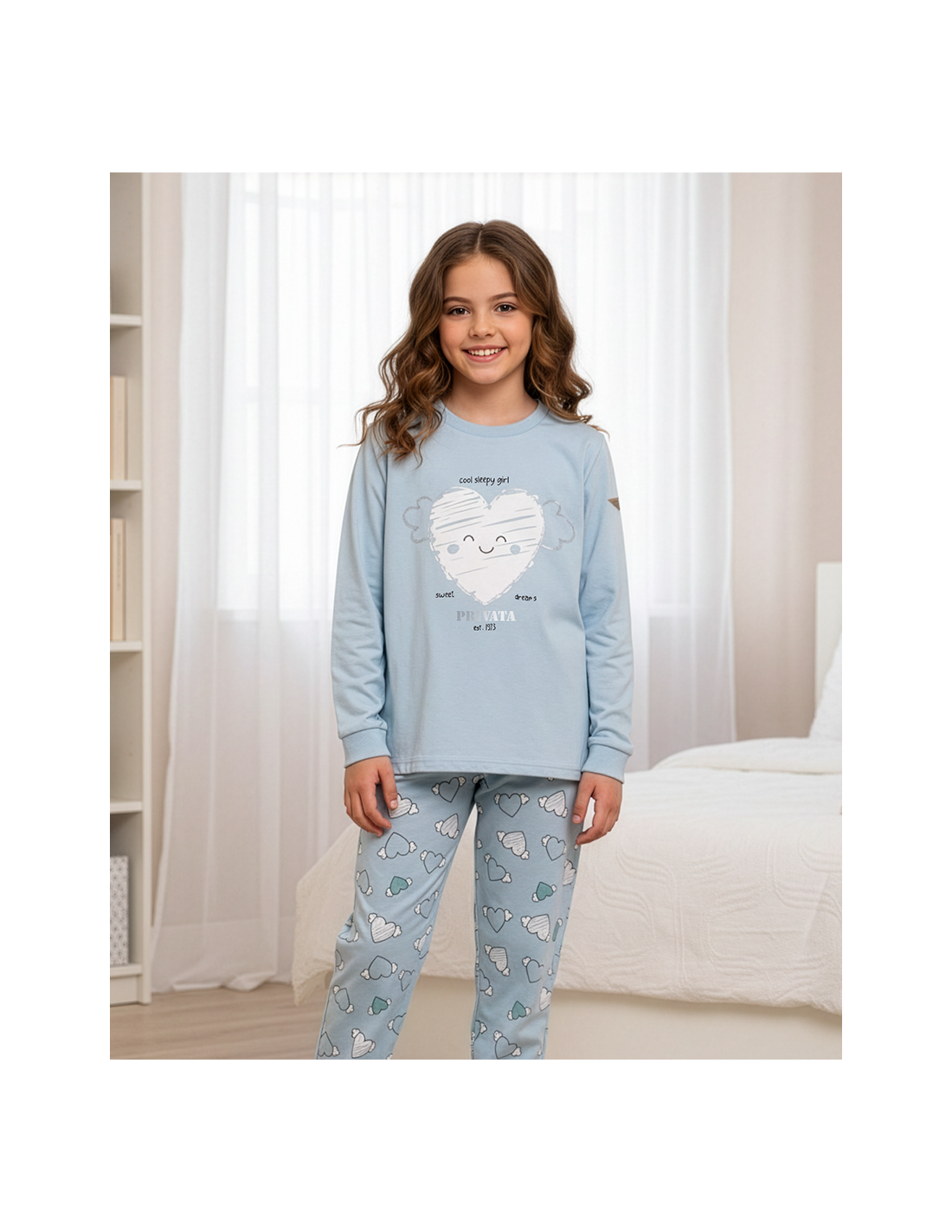 Pijama Infantil de Interlock para Niña, Diseño Corazón