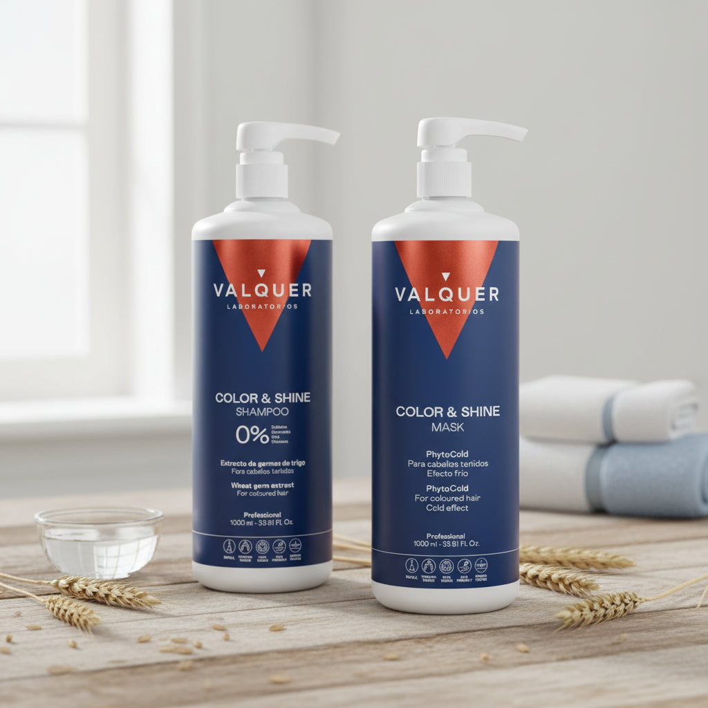 Pack Potenciador Color y Brillo para Cabellos Teñidos - Champú y Mascarilla - 1000 ml + 975 ml Valquer®