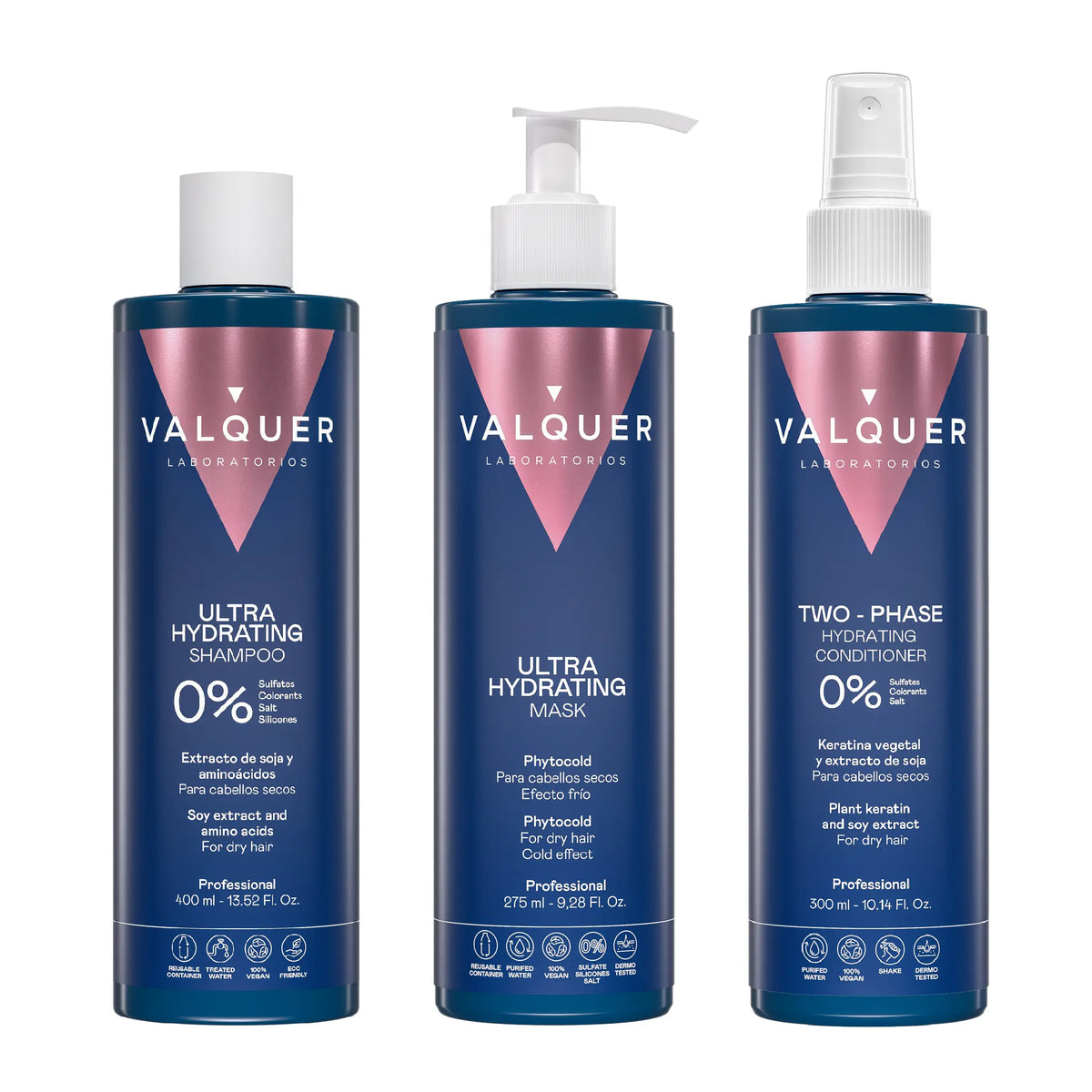 Pack Ultrahidratante Champú, ice hair mask y acondicionador bifásico para cabellos secos - 1000 ml Valquer®