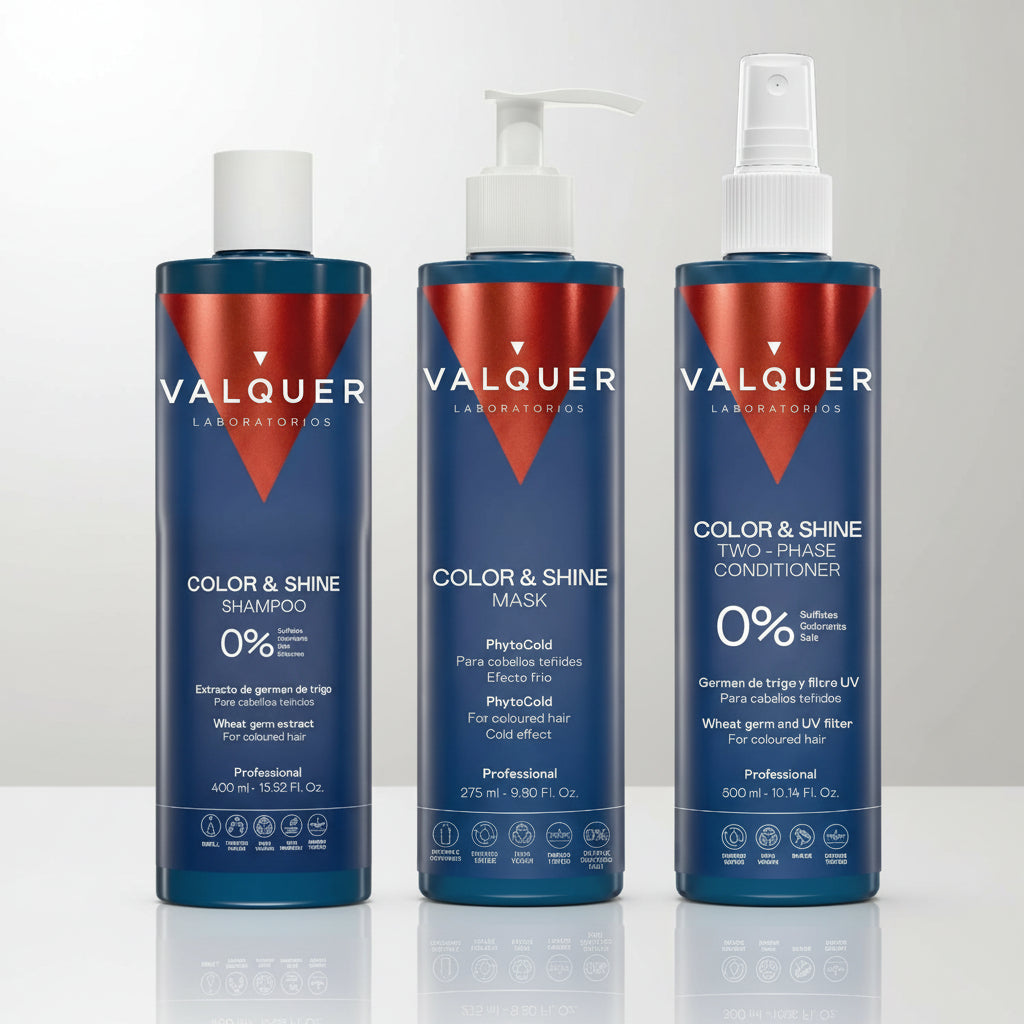 Pack Potenciador color y brillo para Cabellos Teñidos - Champú, Mascarilla y Acondicionador Bifásico - 1000 ml Valquer®