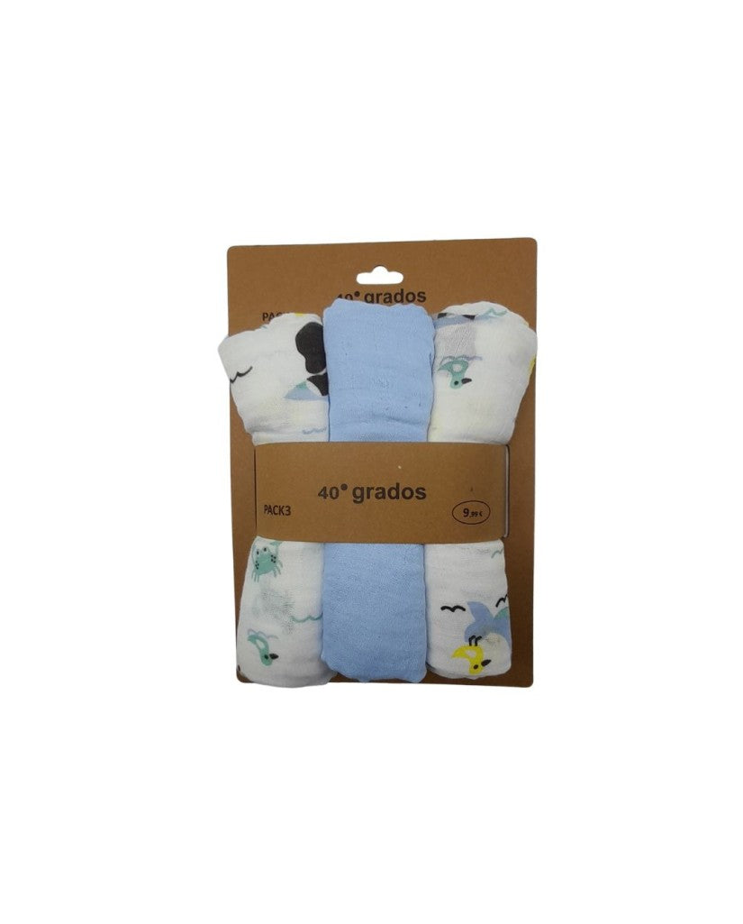 Pack 3 Gasas Muselinas Océano Azul 80x80
